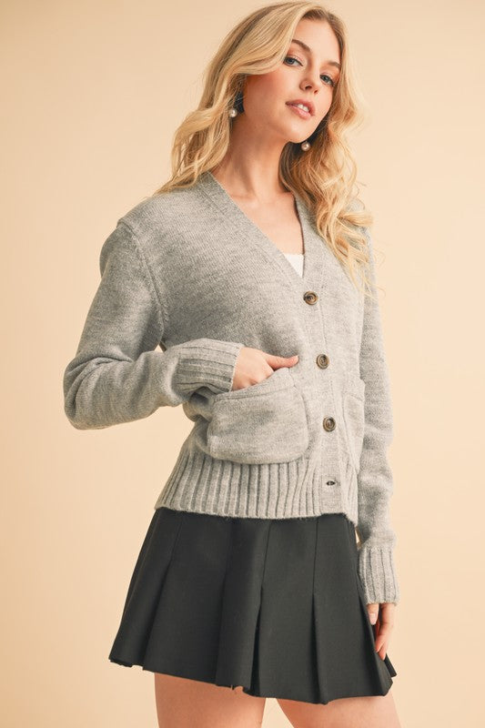 Aemi + Co Cardigan Gray Knit Ribbed Hem V-Neck Long Sleeve Pocketed 8c8c85f2-9c6e-4a99-b554-4439caf7170f-Max Trendsi