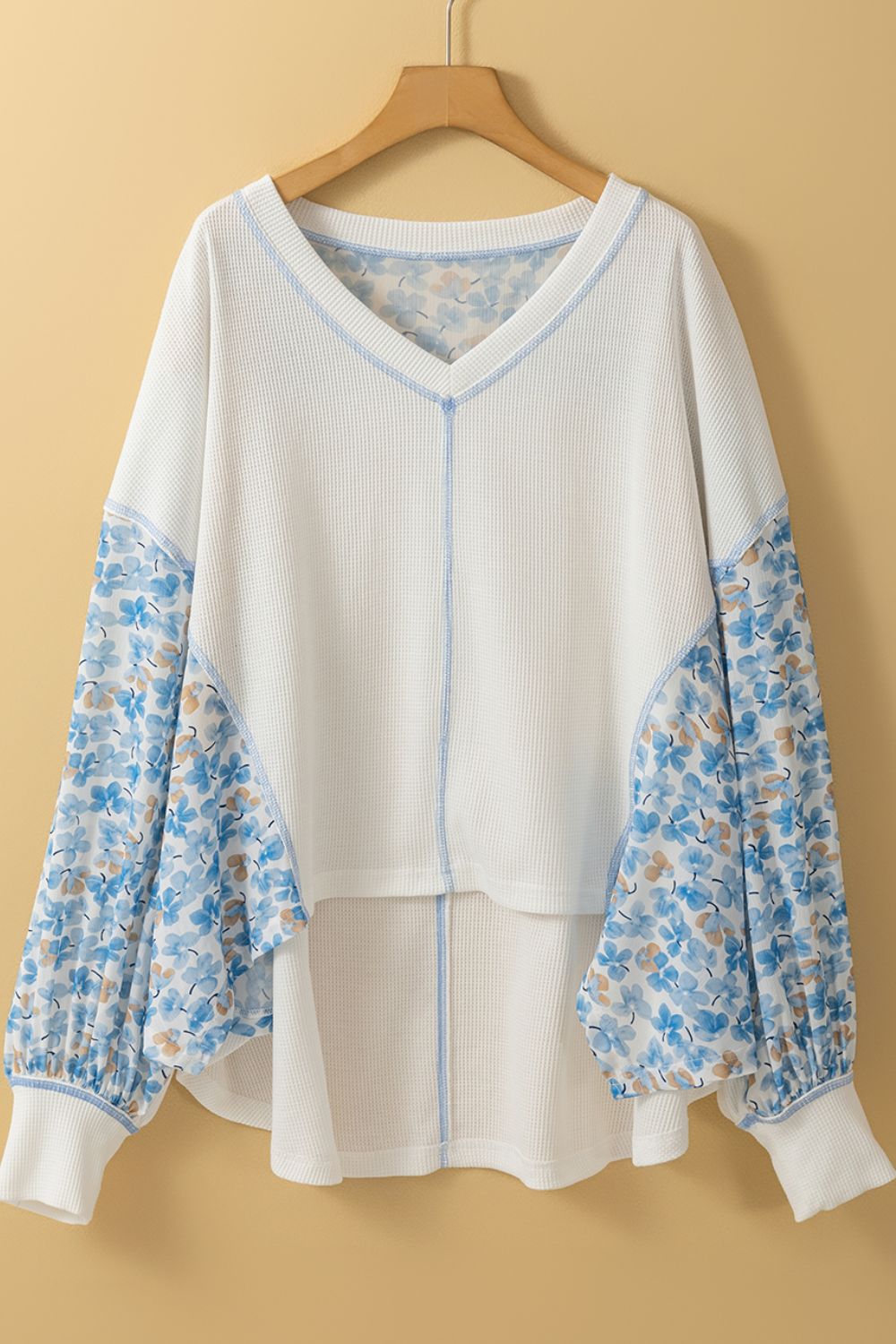 Women Blouse White Floral Blue High-Low V-Neck Long Sleeve Cotton Blend Top 8c90713e-2f57-4c6b-9589-44430eccba5a-Max Trendsi