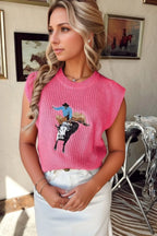 Knit Top Bull Graphic Pink Round Neck Sweater Vest Sleeveless Hot Pink 8c90a915-41ec-4e4c-93bb-ea3af8a45255-Max-Origin Trendsi
