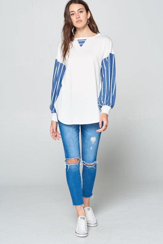 Super Lady Women Blouse French Terry Striped Patch Long Sleeve Top 8c90b4ba-93b2-48bc-9418-74ae4138756c-Max Trendsi