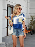 Women's T-Shirt Striped Round Neck Short Sleeve Front Pocket Top 8c98f85f-7f01-47b9-b1ca-1320fa4e585a-Max Trendsi