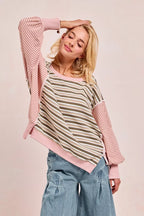 BiBi Womens Sweatshirt Stripe Mixed Top With Cut Edge And Reverse Outseam 8caf5079752549f19d6f951ea3b23727-Max-Origin Trendsi