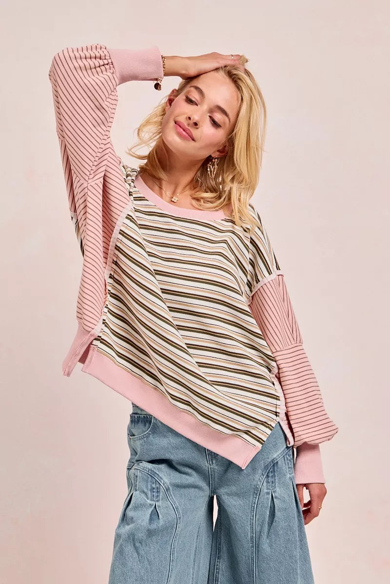 BiBi Womens Sweatshirt Stripe Mixed Top With Cut Edge And Reverse Outseam 8caf5079752549f19d6f951ea3b23727-Max-Origin Trendsi
