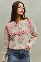 SO ME Womens Sweater Cardigan Beige Pink Flower With Ruffle Detailing BEIGE PINK 8cb774f0770440a6aafb285930be14ed-Max-Origin Trendsi
