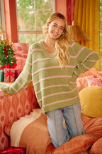 BiBi Womens Sweater Striped Sage Green Long Sleeve Oversized Pullover 8cbdd381de6645a99bd50443c90358ba-Max-Origin Trendsi