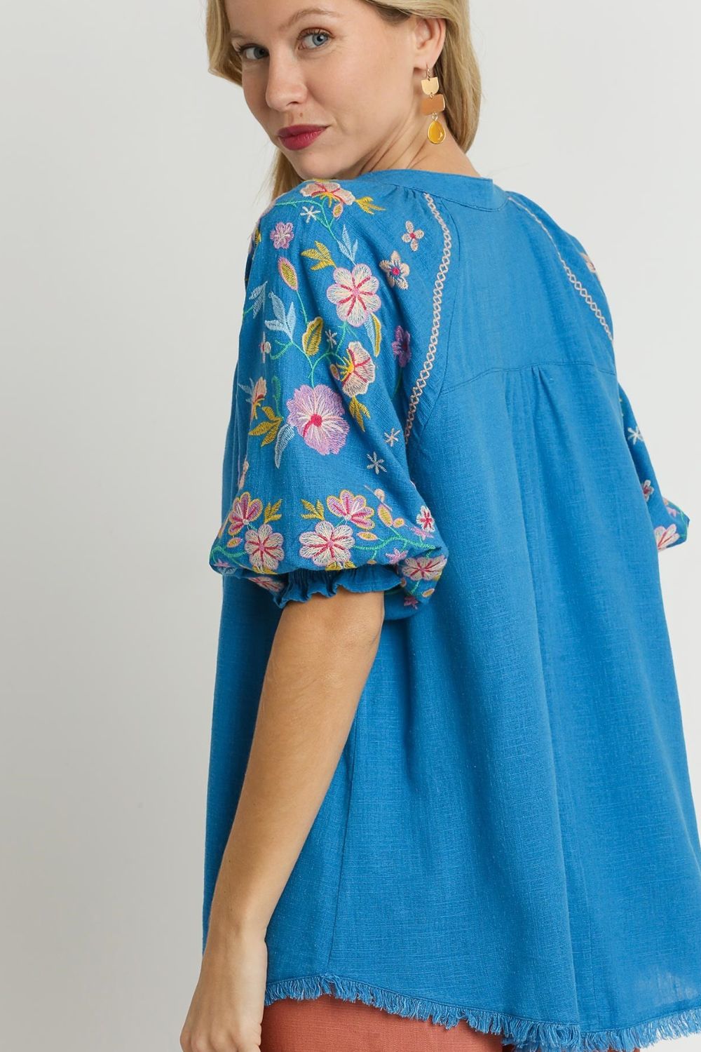 Umgee Top Linen Blend Half Button with Embroidery Short Sleeves Blue