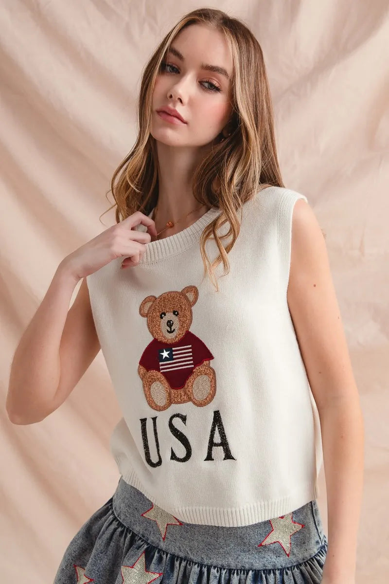 SO ME Sweater Vest Teddy Bear Wearing An American Flag With Usa Embroidered 8cc6f350fac642eabaf66b92f5ffe0dc-Max-Origin Trendsi