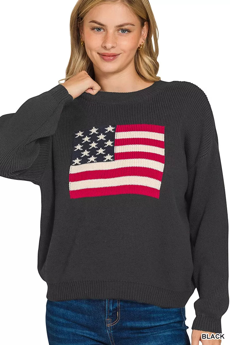 Zenana Women's Sweater Black American Flag Crew Neck Pullover BLACK 8cc7a7cfe8b04b2a9fc3859ed6c7e8ff-Max-Origin Trendsi