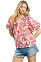 Umgee Mixed Paisley Print Peasant Top with Adjustable Tie Neck