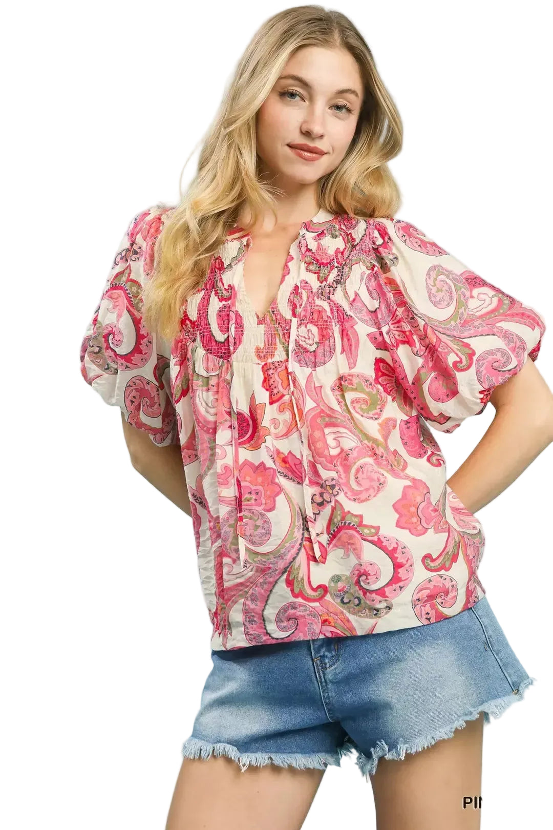 Umgee Mixed Paisley Print Peasant Top with Adjustable Tie Neck