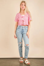 VERY J Crop Top Crochet Pink Front Tie Openwork Knit Short Sleeve Pink 8ccabbddf04c48cfacba9669156224a3-Max-Origin Trendsi