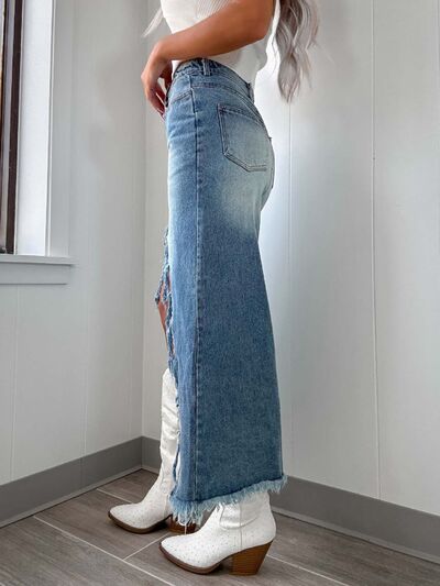 Asymmetry Denim Skirt Front Distressed Slit Raw Hem Midi High Waisted 8ccba371-18e0-41fb-a1c3-26d050b453b1-Min Trendsi