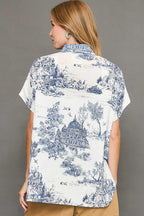 Umgee Shirt Blue Floral Two Tone Print Collared Short Sleeve Top 8ccbb70e-9215-43c3-bbf4-64922c3006e5-Max Trendsi
