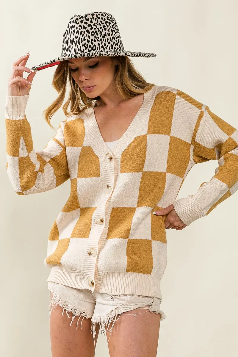 BiBi Cardigan Knit Ivory Camel Checked V-neck Long Sleeve Sweater 8ccc51722fc84b6aa4814d448e32440f-Max-Origin Trendsi