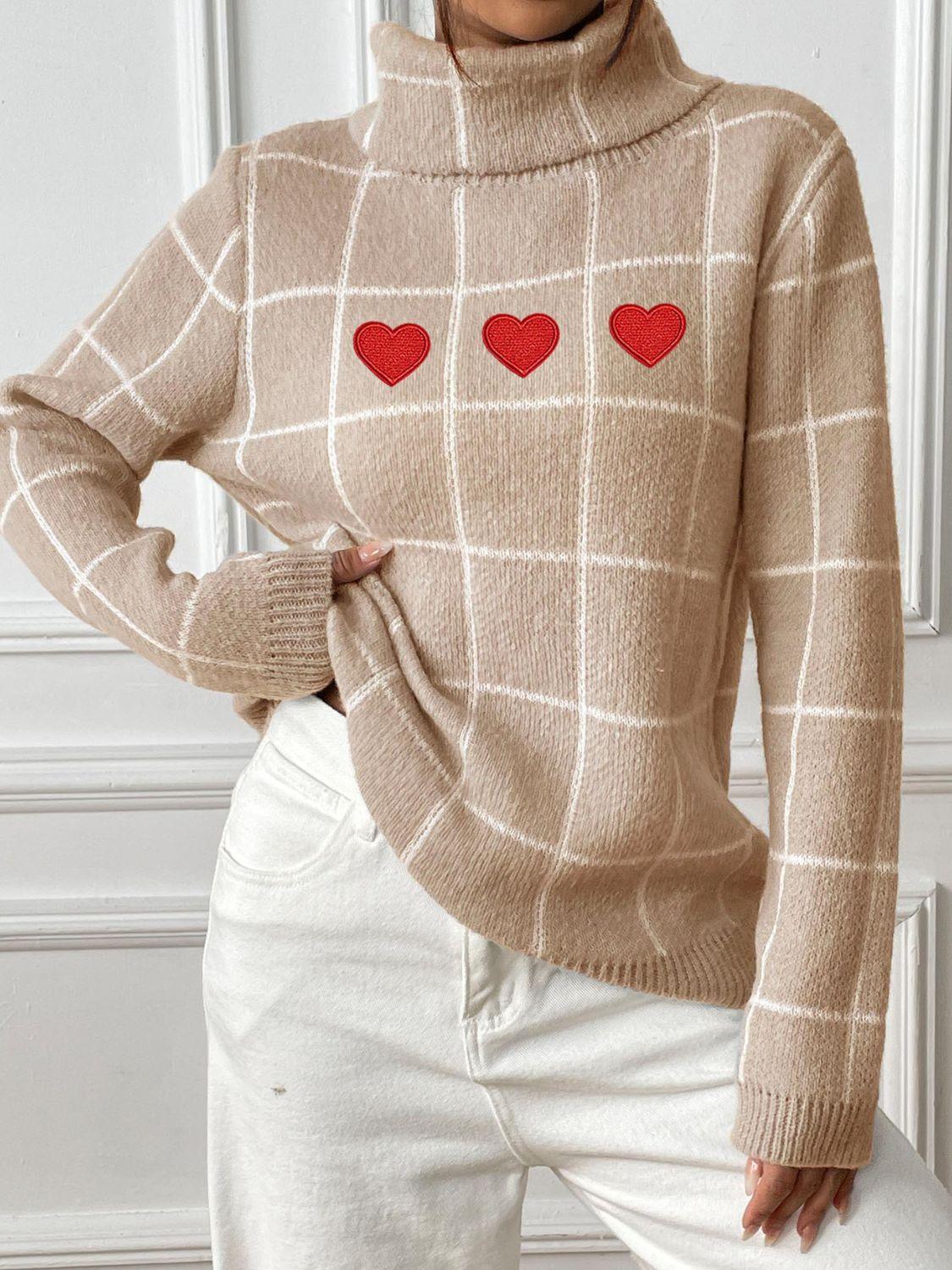 Heart Plaid Sweater Turtleneck Long Sleeve Casual Knitwear Tan 8cccfe14-d679-4a6e-a79e-8564b4b89484-Max Trendsi