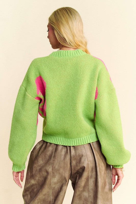 Davi & Dani Women Cardigan Flower Lime Round Neck Long Sleeve Sweater 8ccdca36-7838-425e-8fcd-f69c6ca520cb-Max Trendsi