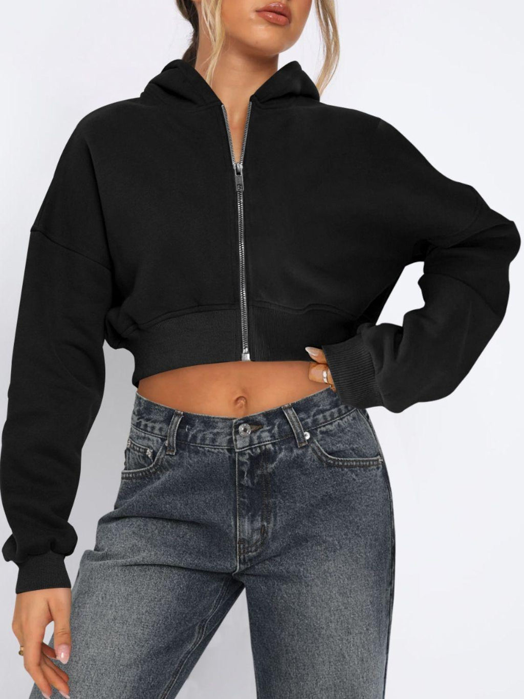 Cropped Jacket Viscose Zip Up Long Sleeve Hooded Outwear Black 8cdabb52-7dc9-4d38-8533-5a4f84e00c6a-Max Trendsi