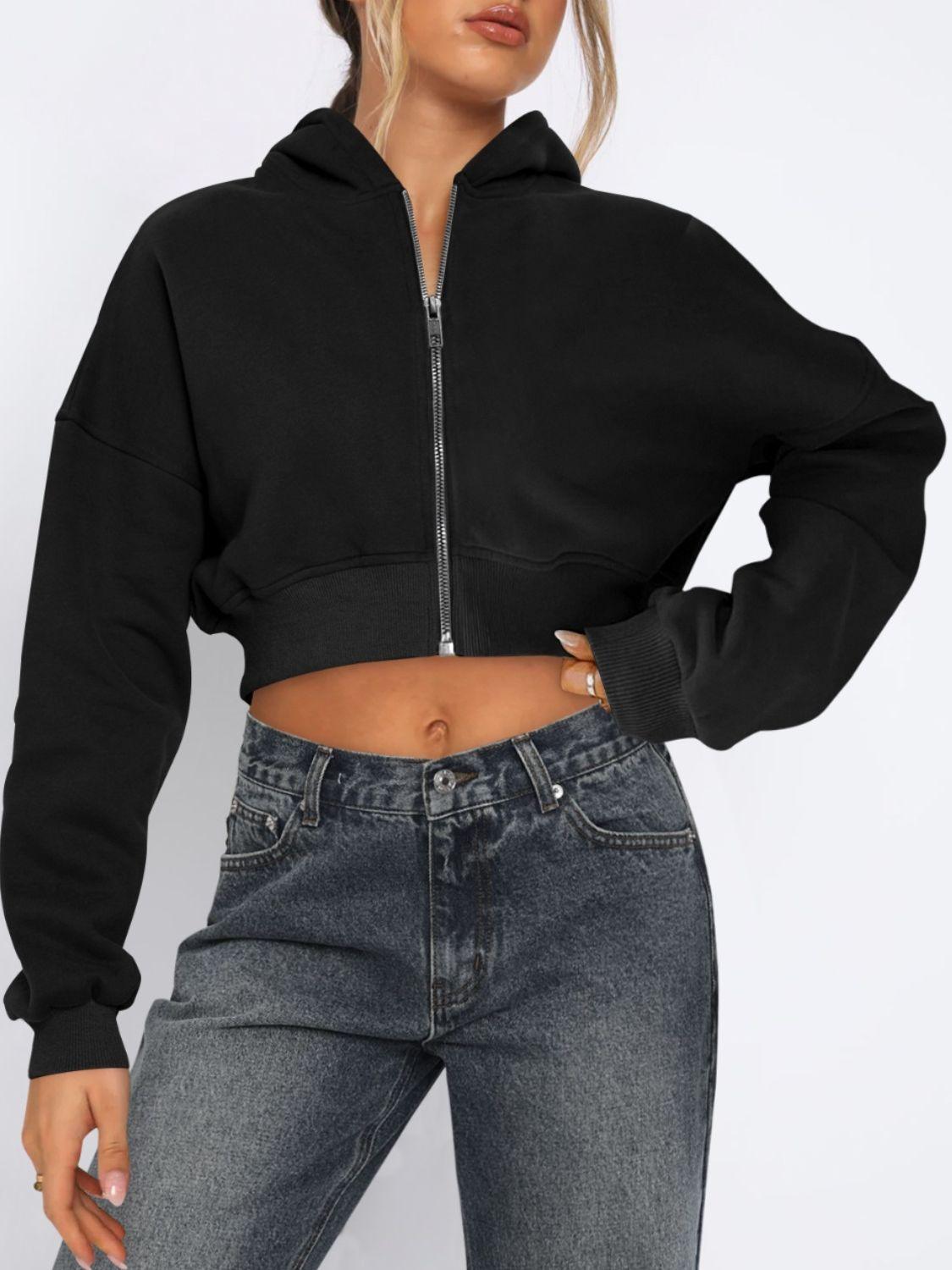 Cropped Jacket Viscose Zip Up Long Sleeve Hooded Outwear Black 8cdabb52-7dc9-4d38-8533-5a4f84e00c6a-Max Trendsi