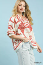 Umgee Womens Blouse Rose Folk Art Palm Print Puff Short Sleeve Top 8cde4585-aad8-47ce-8d97-45f0d478db05-Max-Origin Trendsi