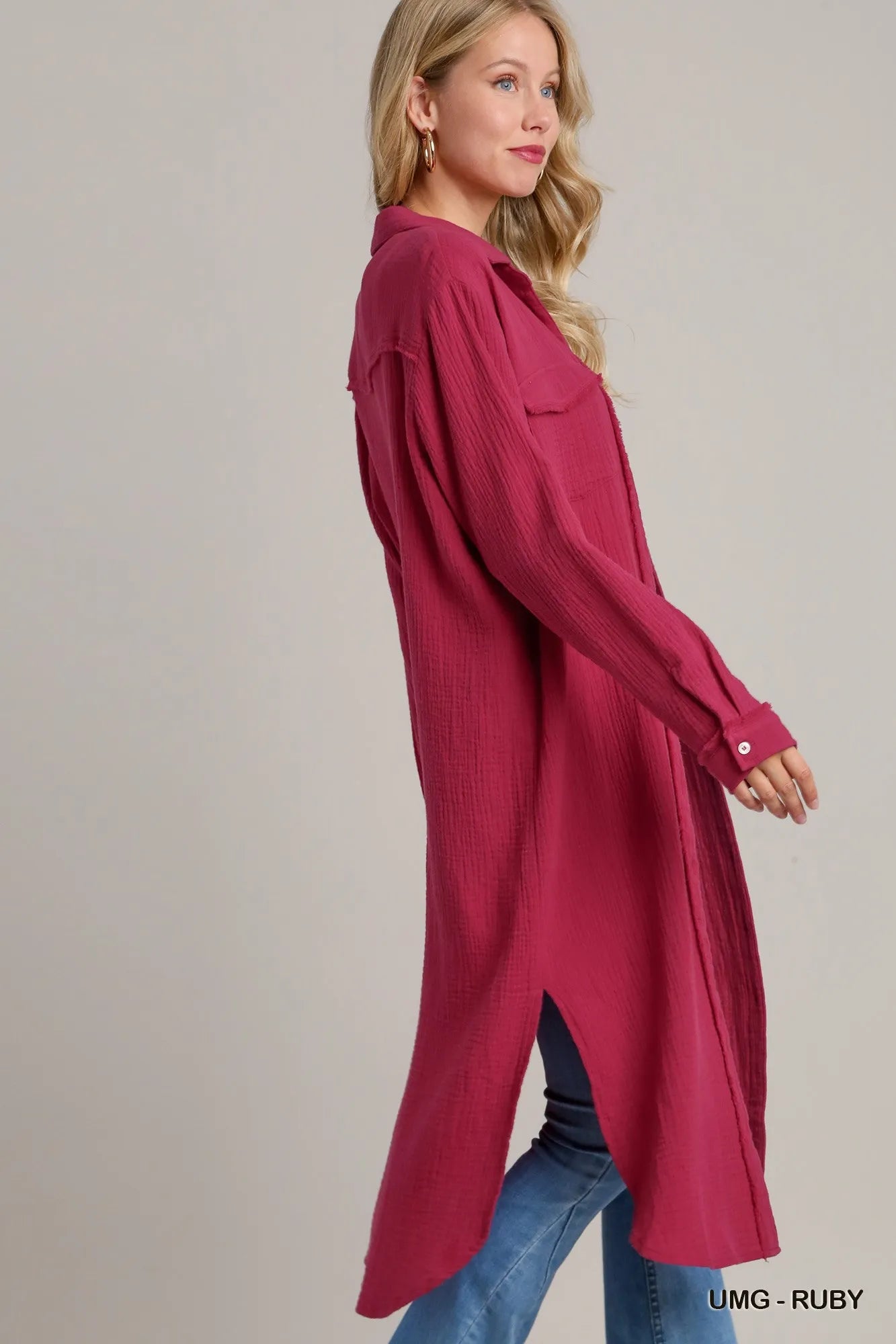 Umgee Shirt Dress Cotton Gauze Button Up Ruby Red Oversized Long Sleeve 8ce20339-0e4b-4b13-a2ee-2a0658f00ed3-Max-Origin Trendsi