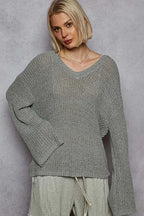 POL Oversized Knit Top Dark Gray Solid V-Neck Long Sleeve Sweater Blouse Dark Gray 8ce94945-c079-4ced-96bb-8069f5f1149a-Max-Origin Trendsi