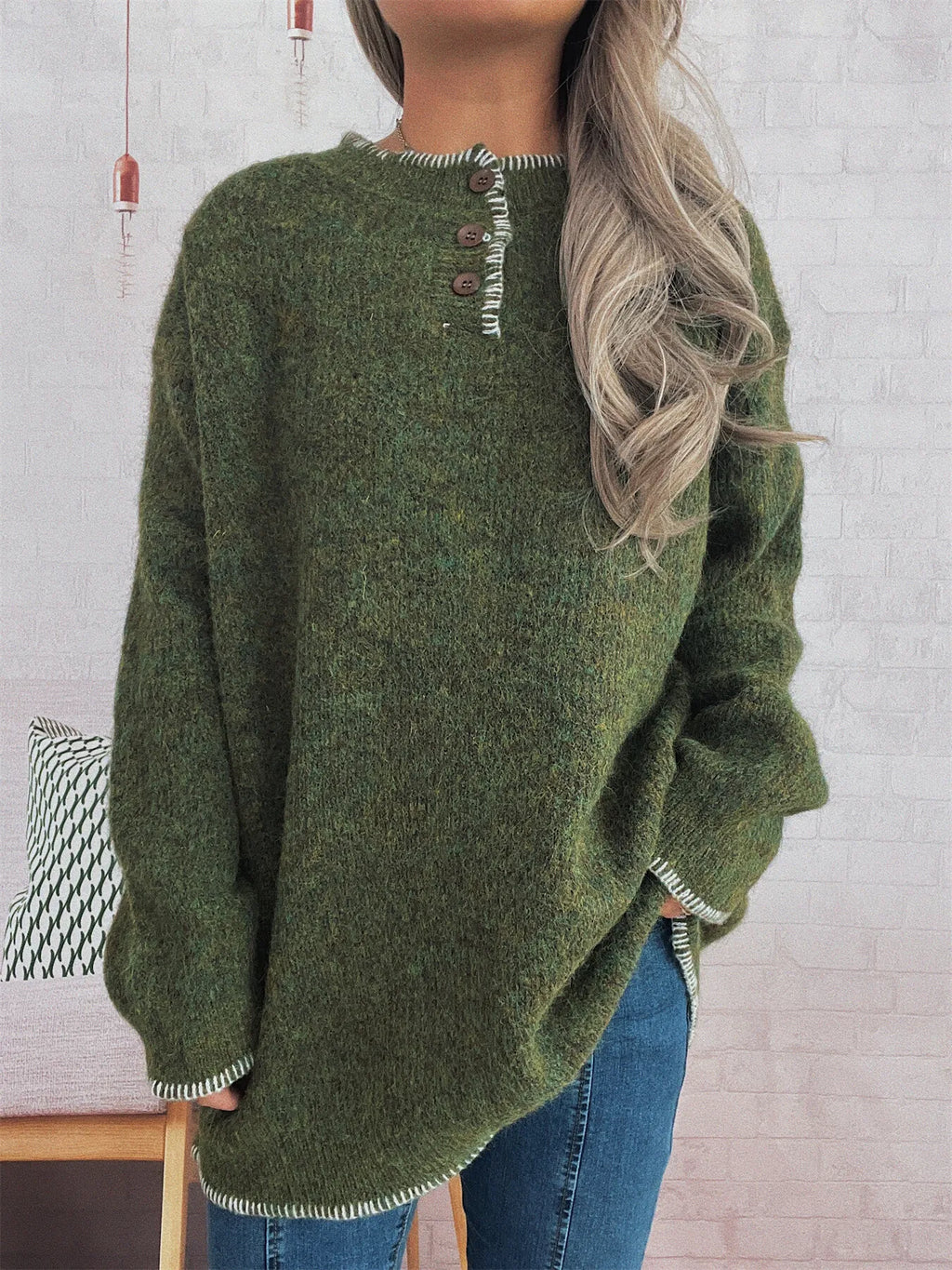 Women's Sweater Ribbed Knit Button Detail Long Sleeve Oversized Pullover Green One Size 8ceb93892a064a3eb4668e9a86827f79-Max-Origin Trendsi