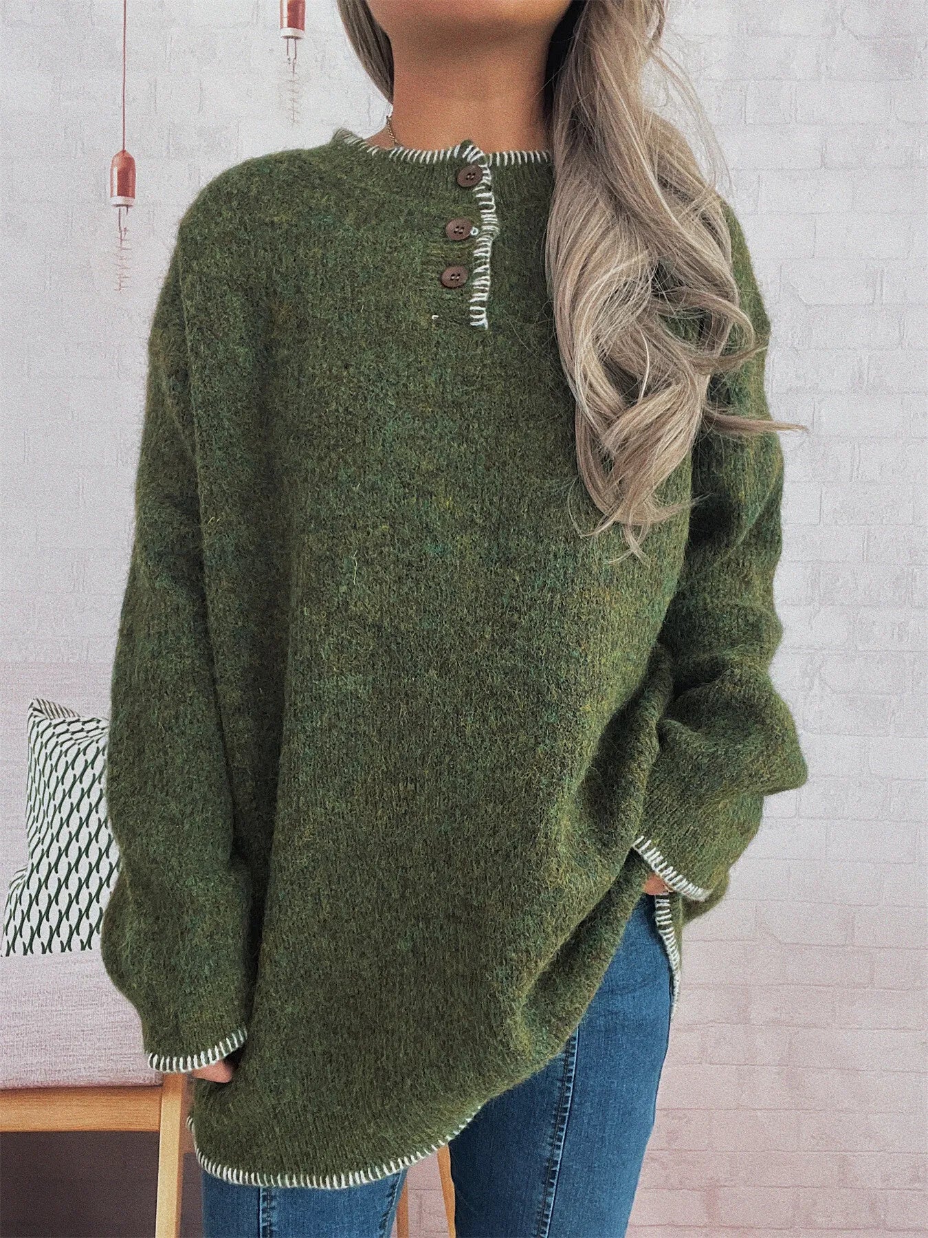 Women's Sweater Ribbed Knit Button Detail Long Sleeve Oversized Pullover Green One Size 8ceb93892a064a3eb4668e9a86827f79-Max-Origin Trendsi