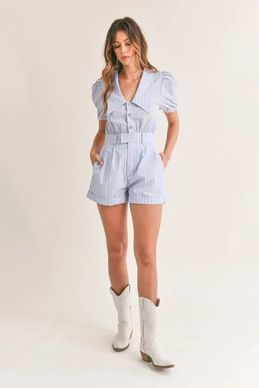 MABLE Romper Striped Light Blue Puff Short Sleeve Collared Neck 8ced992807744df2a1c6a7cdd3d4246a-Max-Origin Trendsi