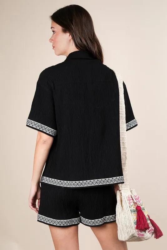 VERY J Black Outfit Set Crinkled Woven Shirt Top & Pocketed Shorts