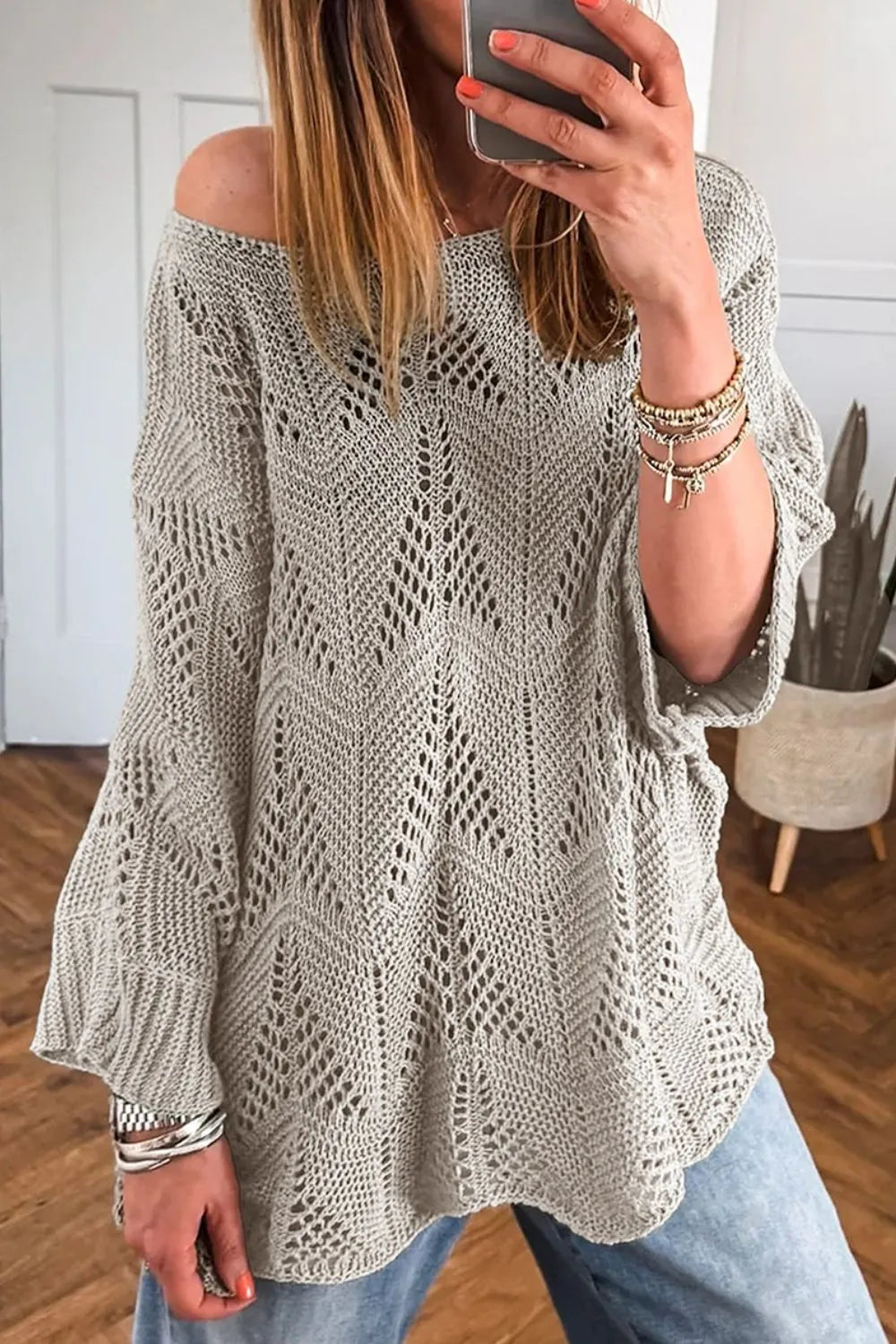 Women's Knit Top Openwork Round Neck Long Sleeve Oversized Pullover 8cf61560-18bf-425f-8d46-463a15ef5cb5-Max-Origin Trendsi