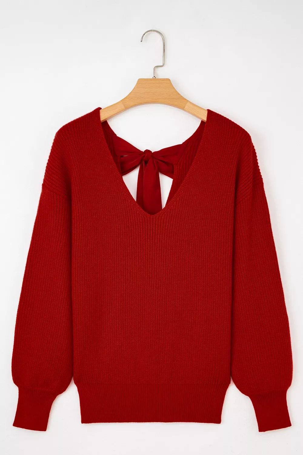 Womens Sweater Bow Knot Back Burgundy Red Lantern Sleeve V Neck Pullover 8d0fc6c9-0fa9-486a-9940-c033cfddc7fe-Max-Origin Trendsi