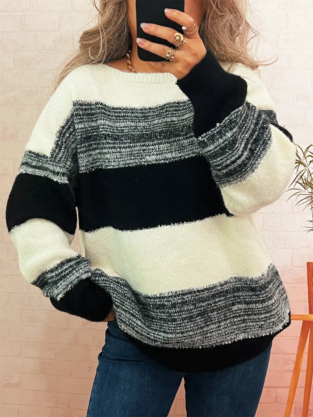 Women's Sweater Color Block Stripe Dropped Shoulder Knit Pullover Black One Size 8d10aedf02854439859b9389e463d603-Max-Origin Trendsi