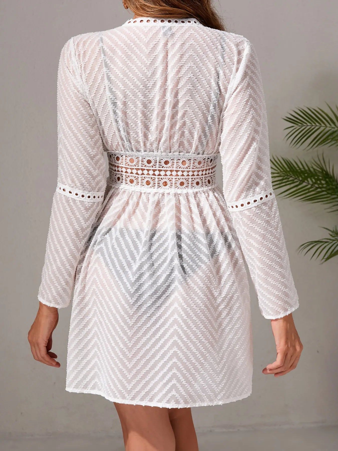 Cover-Up Short Dress Chevron Crochet Lace White Lace Up Sheer 8d14acf4518c4a978a7707ed0a0a2219-Max-Origin Trendsi