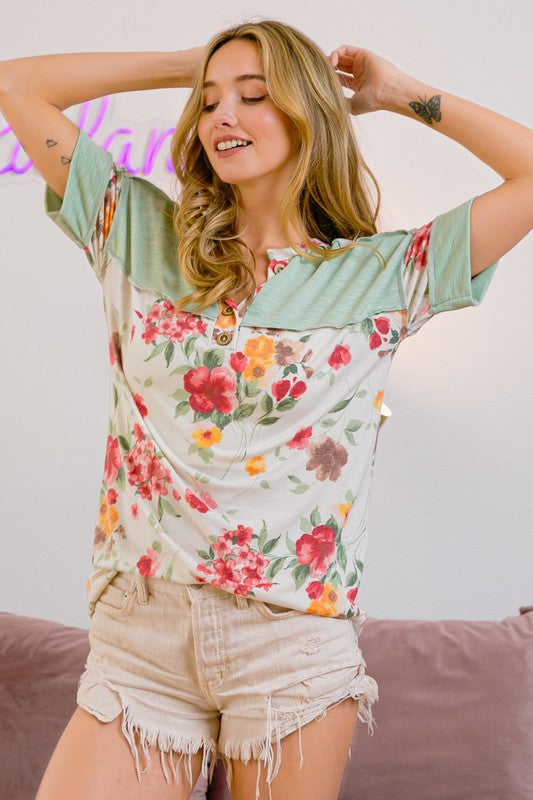 BiBi T-Shirt Floral Button Detail Round Neck Short Sleeve Terry Top 8d17e713-1b8c-4f7e-b495-65b9b5d449ff-Max Trendsi