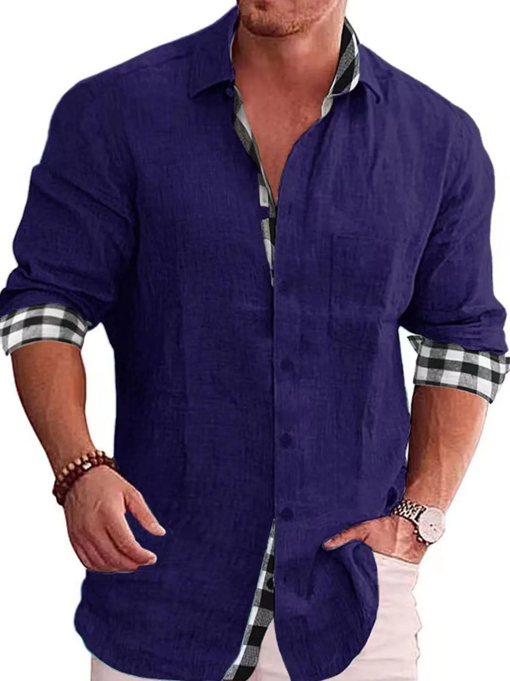 Men's Shirts Casual Cotton Blend Plaid-Trim Long Sleeve Lightweight Tops Violet 8d2a7db3-ed68-47df-ae66-90707676c236-Max-Origin Trendsi