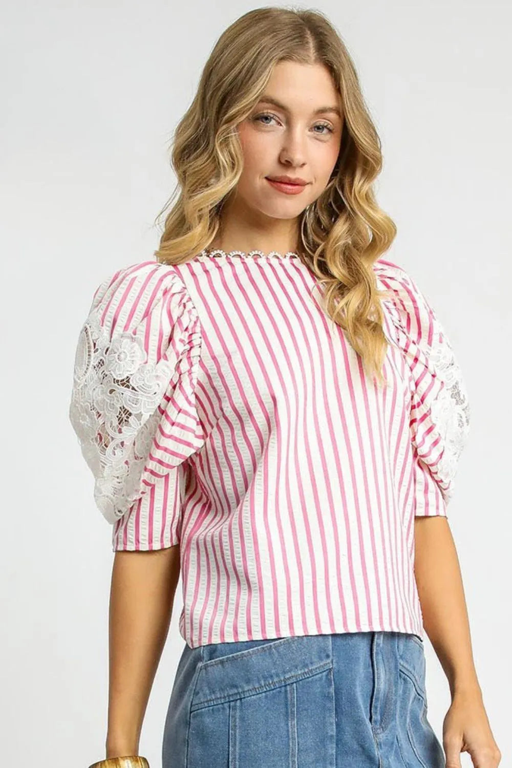 Umgee Blouse Striped Pink Lace Puff Short Sleeve Women's Top Pink 8d3a5cb6-00d2-4130-b496-5d35b408028d-Max-Origin Trendsi