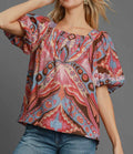 Umgee Women Viscose Blouse Abstract Pink Smocked Square Neck Puff Sleeve Pink Mix 8d3e4b85-3bd4-4273-b9bf-b5f1680d8cdf-Max Trendsi
