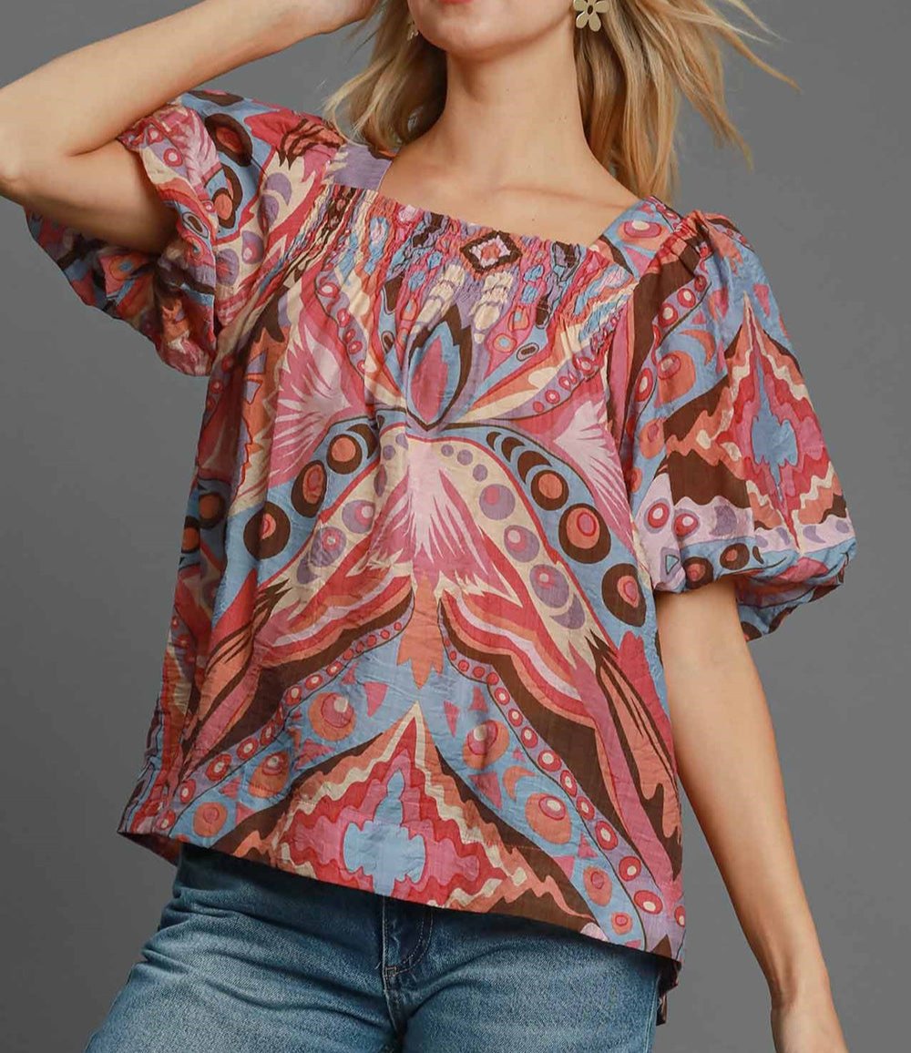 Umgee Women Viscose Blouse Abstract Pink Smocked Square Neck Puff Sleeve Pink Mix