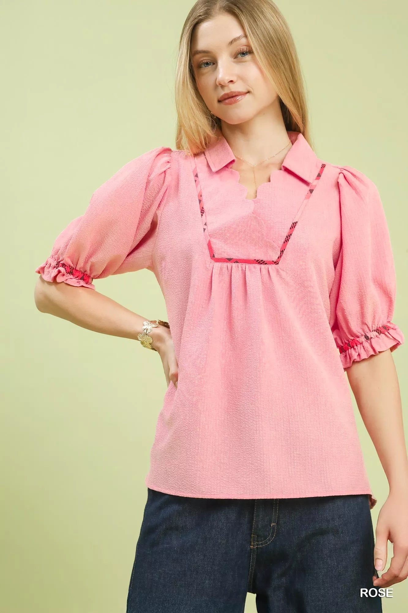 Umgee Blouse Rose Scalloped Trim with Puff Short Sleeves Top ROSE 8d3e555e-995d-4e87-84d6-535de2203833-Max-Origin Trendsi