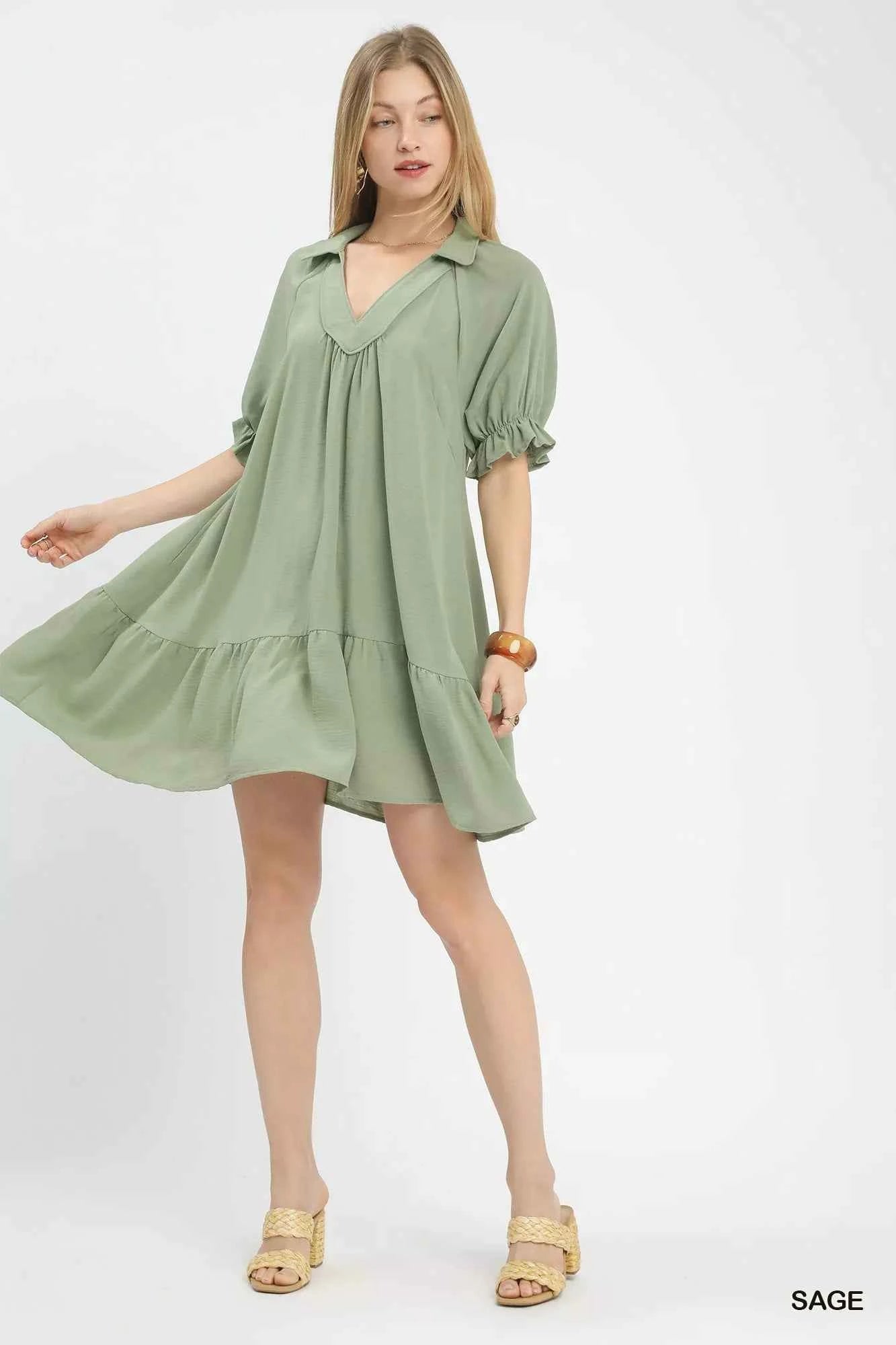 Umgee Babydoll Mini Dress Sage Green Tiered Puff Short Sleeve Ruffled 8d659f78-78fb-4f40-9f06-e35f751c81d4-Max-Origin Trendsi
