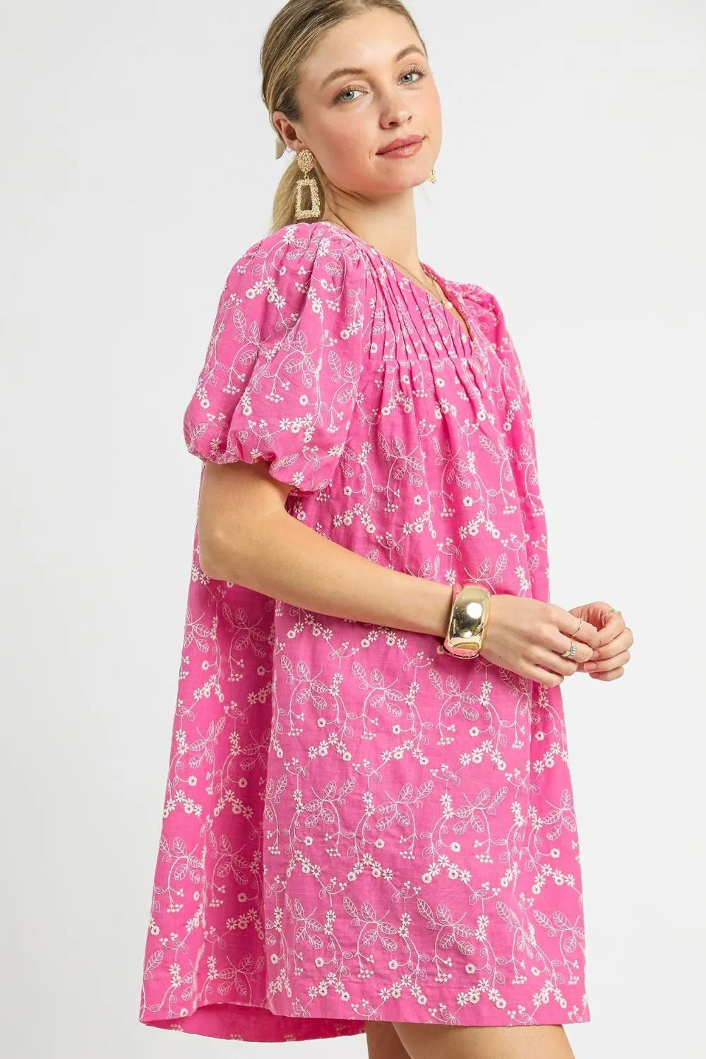 Umgee Mini Dress Hot Pink Floral Embroidered V-Neck Puff Short Sleeve 8d6604f6-5cfb-427e-939e-391abb792c24-Max-Origin Trendsi