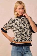 BiBi Women Knit Top Textured Rose Black Gray Contrast Banded Puff Sleeve 8d664a8e-2776-4814-b434-cd24162a7082-Max-Origin Trendsi