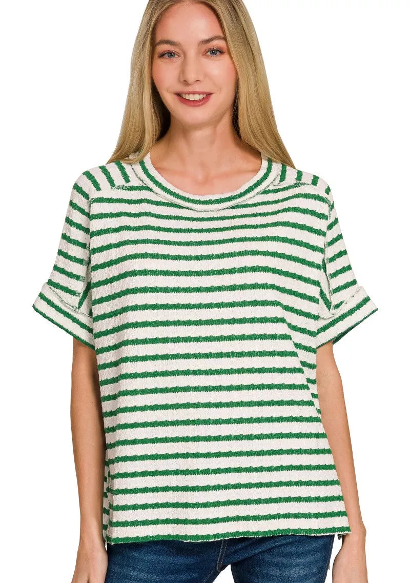 Zenana T-shirt Green Stripe Jacquard Round-Meck Top Tee K GREEN 8d73e0c1b78f49cfb09b7197612cb856-Max-Origin Trendsi