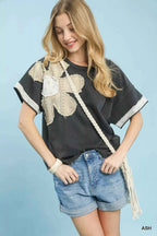 Umgee Blouse French Terry Top with Flower Patch Short Sleeve Ash Gray 8d761657-865e-44df-8f7c-823631f6efbd-Max-Origin Trendsi