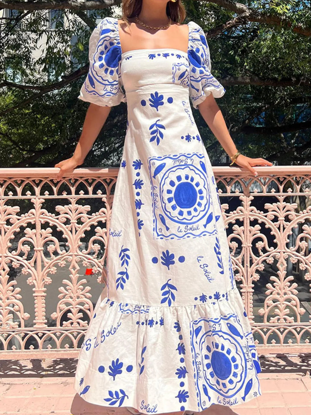 Maxi Dress Floral Square Neck Puff Short Sleeve with Ruffle Hem Blue 8d865acbde034fa1aed62735df1532b0-Max-Origin Trendsi