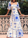 Maxi Dress Floral Square Neck Puff Short Sleeve with Ruffle Hem Blue 8d865acbde034fa1aed62735df1532b0-Max-Origin Trendsi