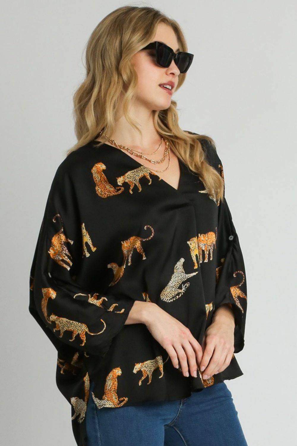 Umgee Satin Blouse Animal Print V-Neck High-Low Black Top S-2XL Black 8d86baae-59df-47dd-ad4c-5a1cc01fcdd6-Max Trendsi