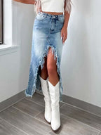 Asymmetry Denim Skirt Front Distressed Slit Raw Hem Midi High Waisted 8d8879e2-2c03-47fd-a910-528428ee94a0-Min Trendsi