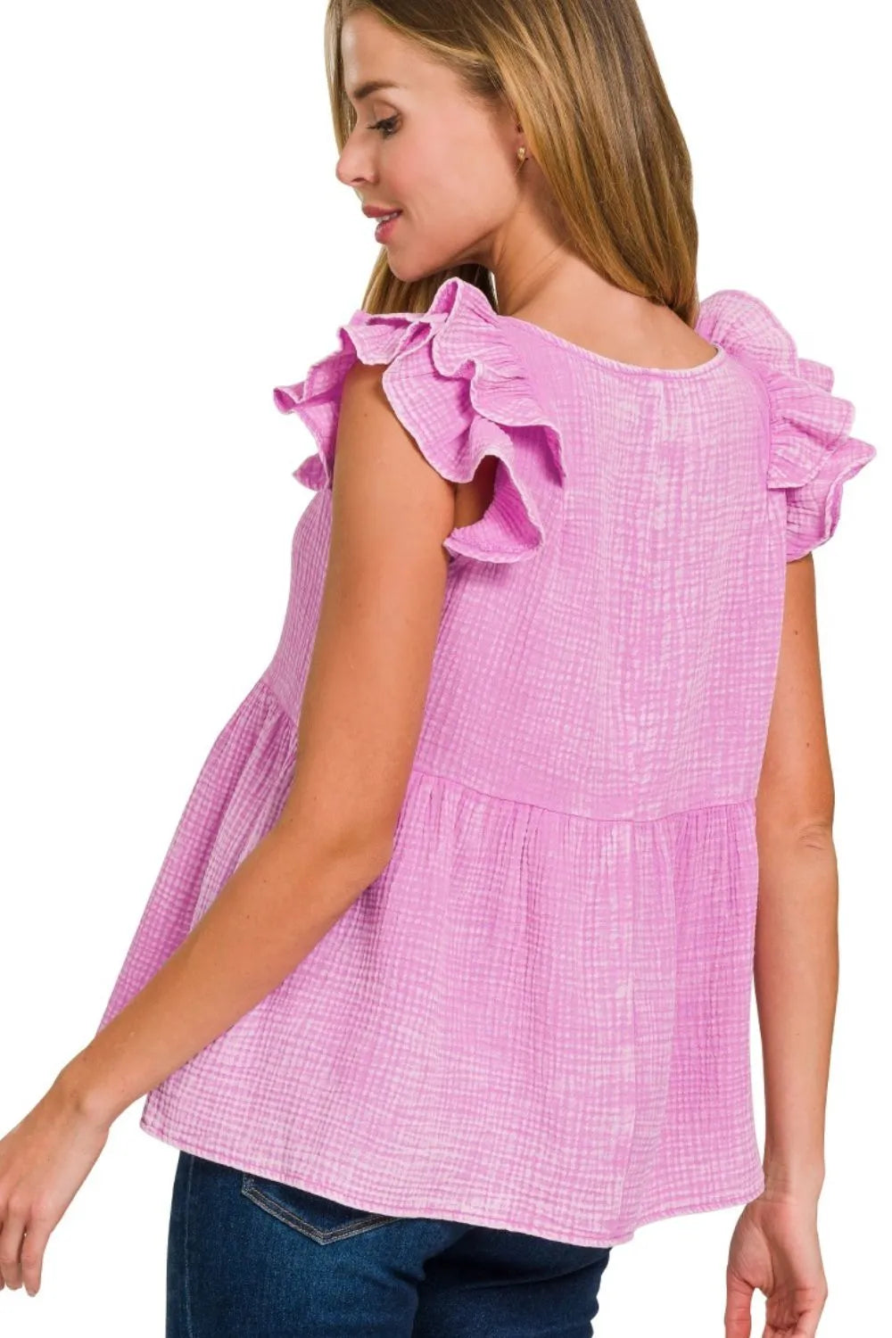 Zenana Top Mauve Acid Washed Double Gauze Tiered Ruffle Peplum T-shirt 8d898474-bd11-49ec-b257-9066fa2e35fb-Max-Origin Trendsi