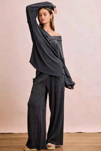BiBi Women Tracksuit Set Black Cord Rib Contrast Stitch V-Neck Top and Pants 8d8b6b64d96242deb7a0534d71b20429-Max-Origin Trendsi